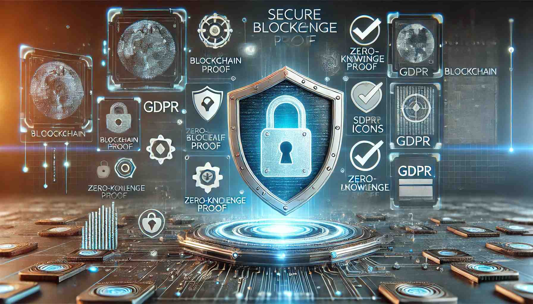 Interfaz tecnológica con datos cifrados, escudos de privacidad, diagramas ZKP y símbolos de cumplimiento como el GDPR.