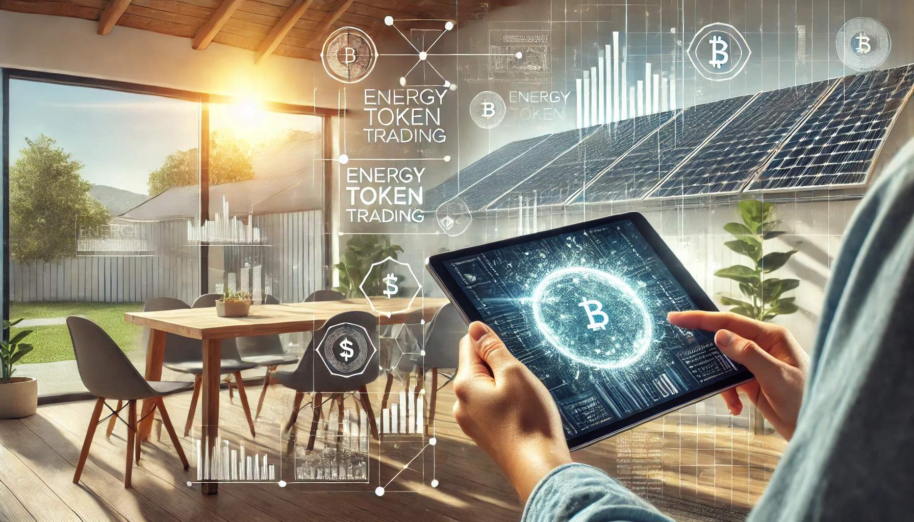 Persona utilizando una tablet para gestionar energía tokenizada desde su hogar, con paneles solares visibles al fondo.
