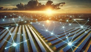 vista aérea de una granja solar interconectada mediante una red digital blockchain al atardecer.